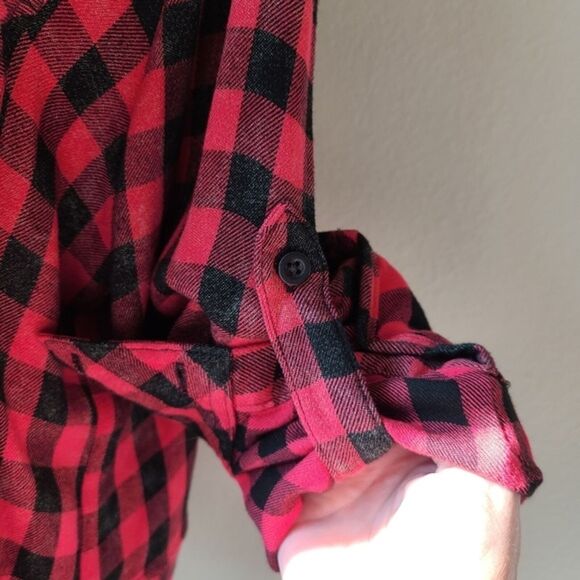 Cloth and‎ Stone Anthropologie Shirt Medium Buffalo Plaid Raw Hem Button Down - Picture 6 of 11